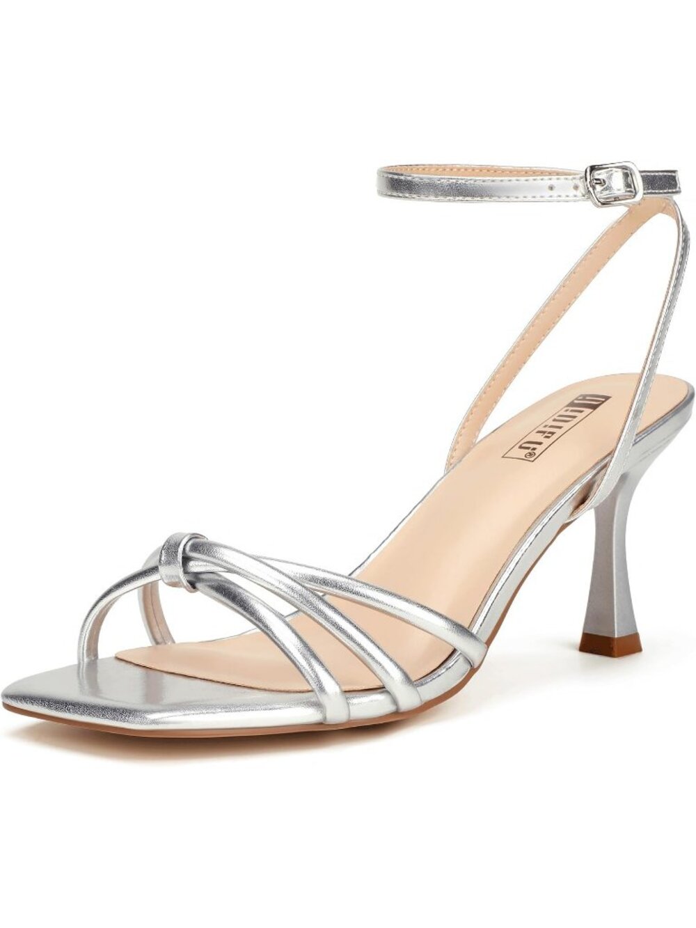 Womens Silver PU Square Open Toe Buckle Ankle Strap High Heel Comfortable Sandal